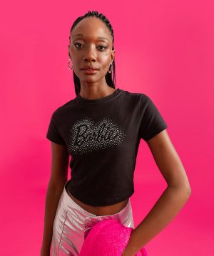 blusa babylook barbie brilhos preto