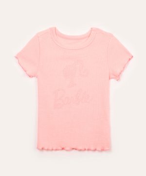 blusa de algodão infantil canelada barbie manga curta rosa