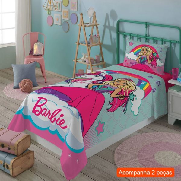 Jogo De Cama Solteiro Com 2 Peças Barbie Reinos Mágicos Verde Água