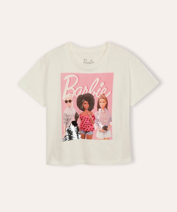 camiseta de algodão infantil barbie paetê off white