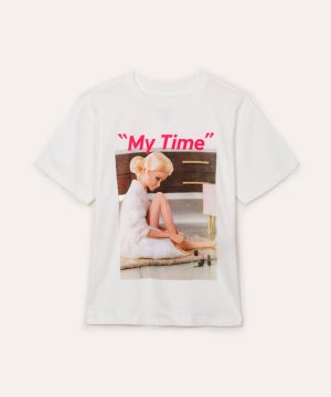 camiseta de algodão juvenil my time barbie off white