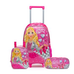 Infantil - Kit Guelph Mochila Escolar Menina Espaçosa com Rodinhas Estampa da Barbie + Lancheira e Estojo Grandes