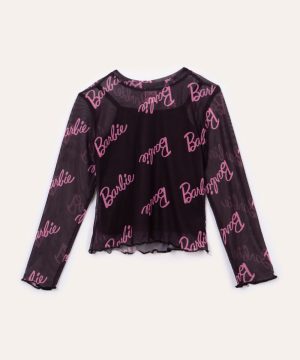 blusa de tule infantil barbie manga longa preto